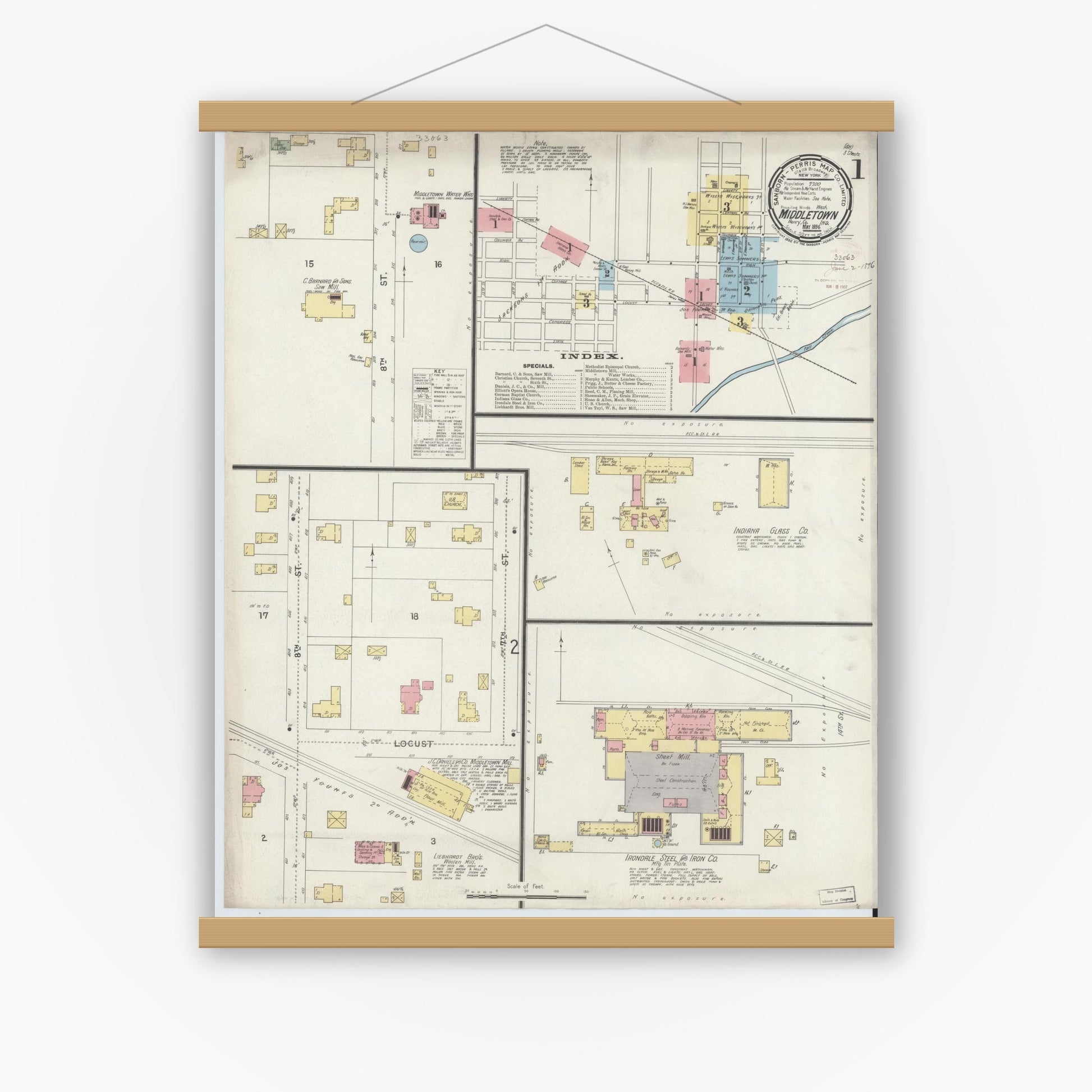 Old map wall art mockup — magnetic wood frame on white wall — Sanborn Fire Insurance Map from Middletown, Henry County, Indiana (1896), Sheet #0001