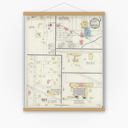 Old map wall art mockup — magnetic wood frame on white wall — Sanborn Fire Insurance Map from Middletown, Henry County, Indiana (1896), Sheet #0001