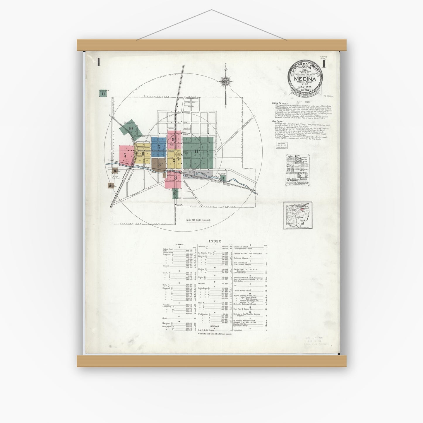 Old map wall art mockup — magnetic wood frame on white wall — Sanborn Fire Insurance Map from Medina, Medina County, Ohio (1923) - Complete Map Set