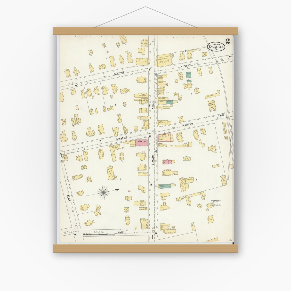 Old map wall art mockup — magnetic wood frame on white wall — Sanborn Fire Insurance Map from Knoxville, Tioga County, Pennsylvania (1903), Sheet #0002
