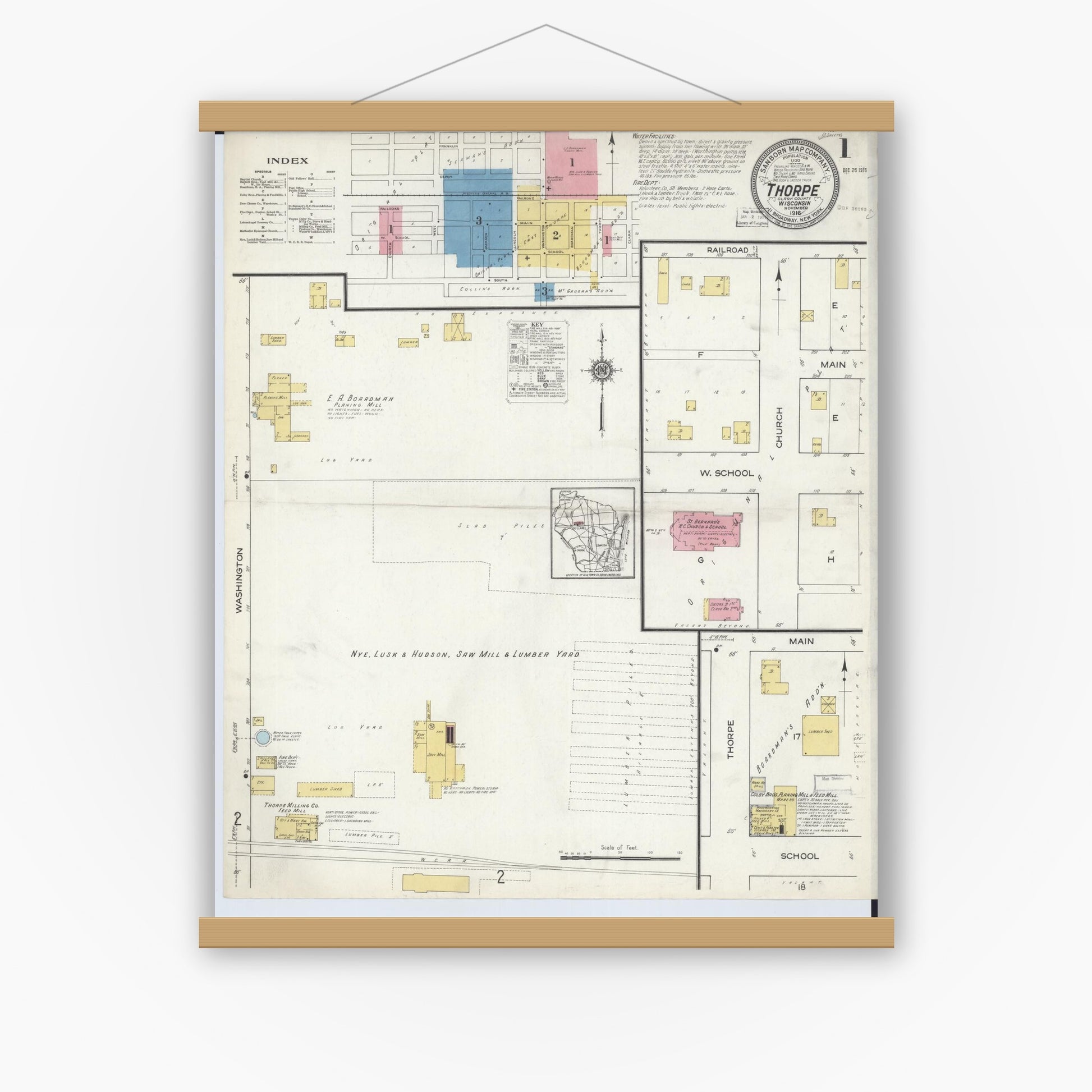 Old map wall art mockup — magnetic wood frame on white wall — Sanborn Fire Insurance Map from Thorpe, Clark County, Wisconsin (1916), Sheet #0001