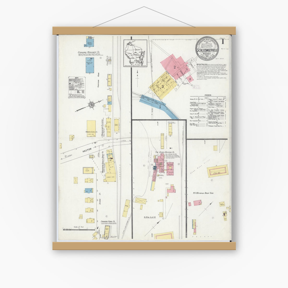 Old map wall art mockup — magnetic wood frame on white wall — Sanborn Fire Insurance Map from Schleisingerville, Washington County, Wisconsin (1913), Sheet #0001