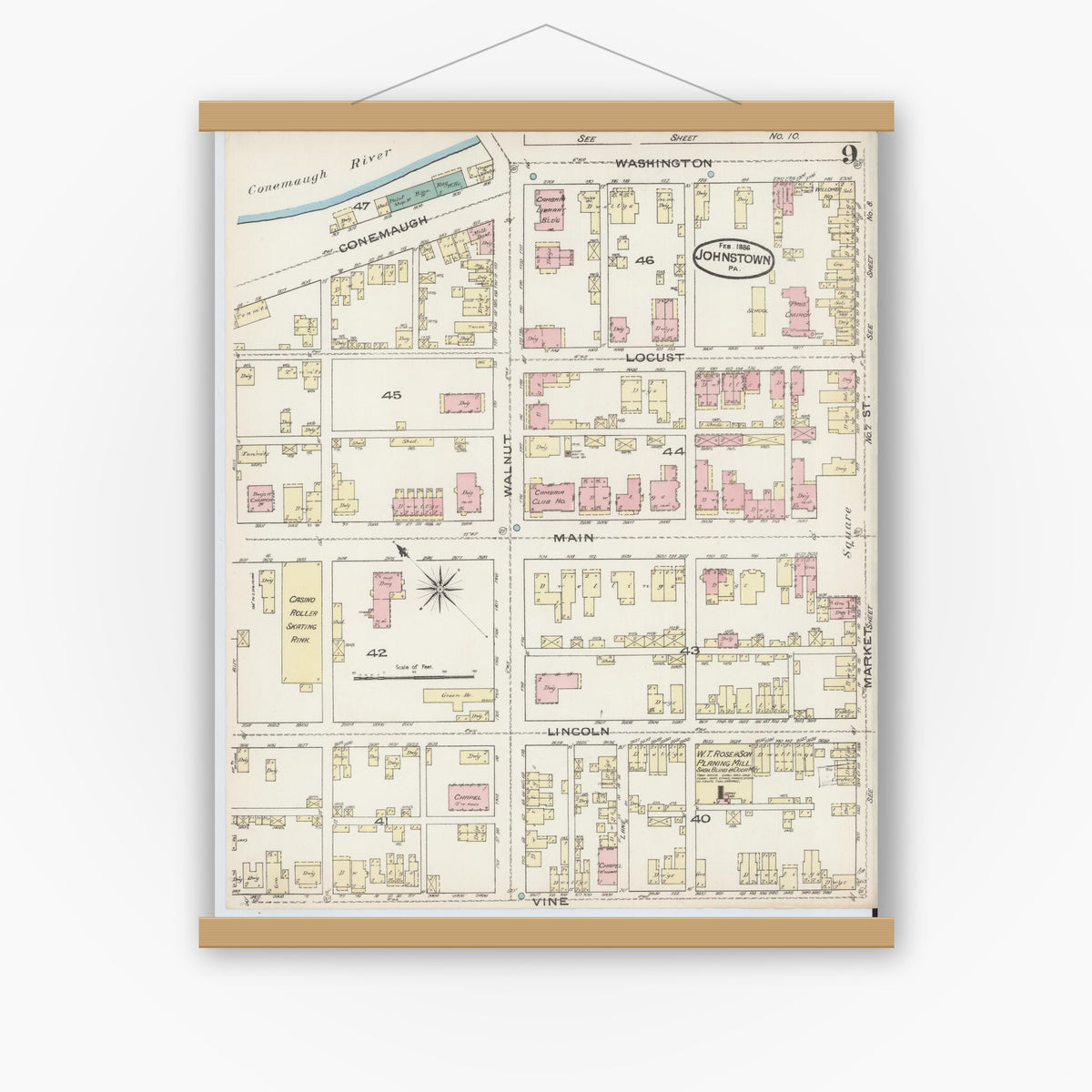 Old map wall art mockup — magnetic wood frame on white wall — Sanborn Fire Insurance Map from Johnstown, Cambria County, Pennsylvania (1886), Sheet #0009