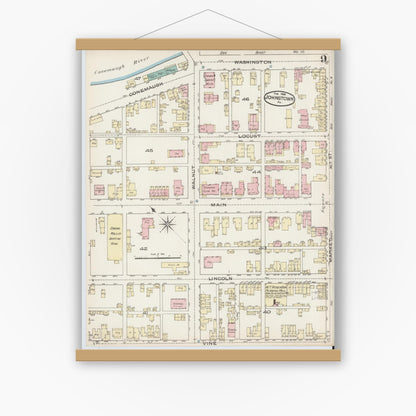 Old map wall art mockup — magnetic wood frame on white wall — Sanborn Fire Insurance Map from Johnstown, Cambria County, Pennsylvania (1886), Sheet #0009