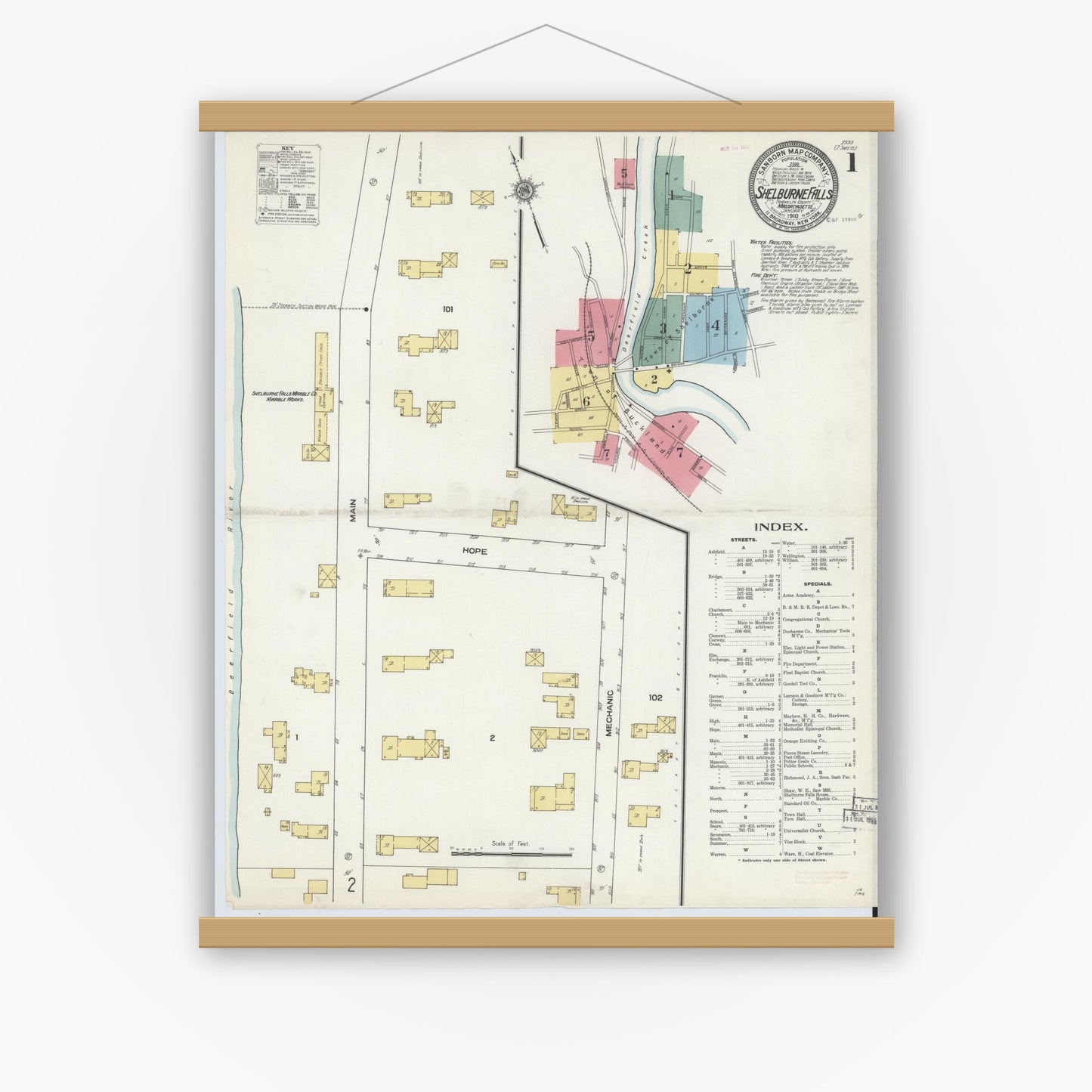 Old map wall art mockup — magnetic wood frame on white wall — Sanborn Fire Insurance Map from Shelburne Falls, Franklin County, Massachusetts (1910) - Complete Map Set