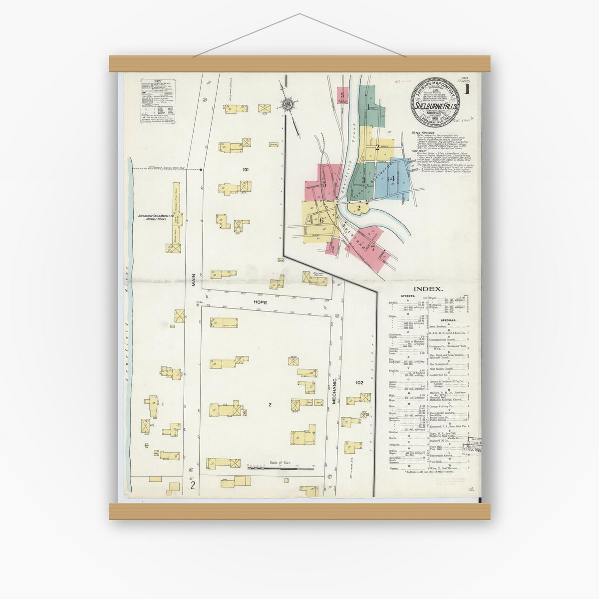 Old map wall art mockup — magnetic wood frame on white wall — Sanborn Fire Insurance Map from Shelburne Falls, Franklin County, Massachusetts (1910) - Complete Map Set