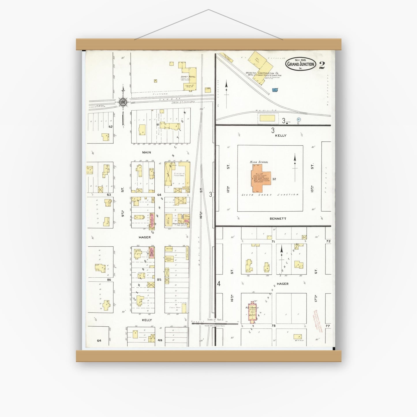 Old map wall art mockup — magnetic wood frame on white wall — Sanborn Fire Insurance Map from Grand Junction, Greene County, Iowa (1918), Sheet #0002