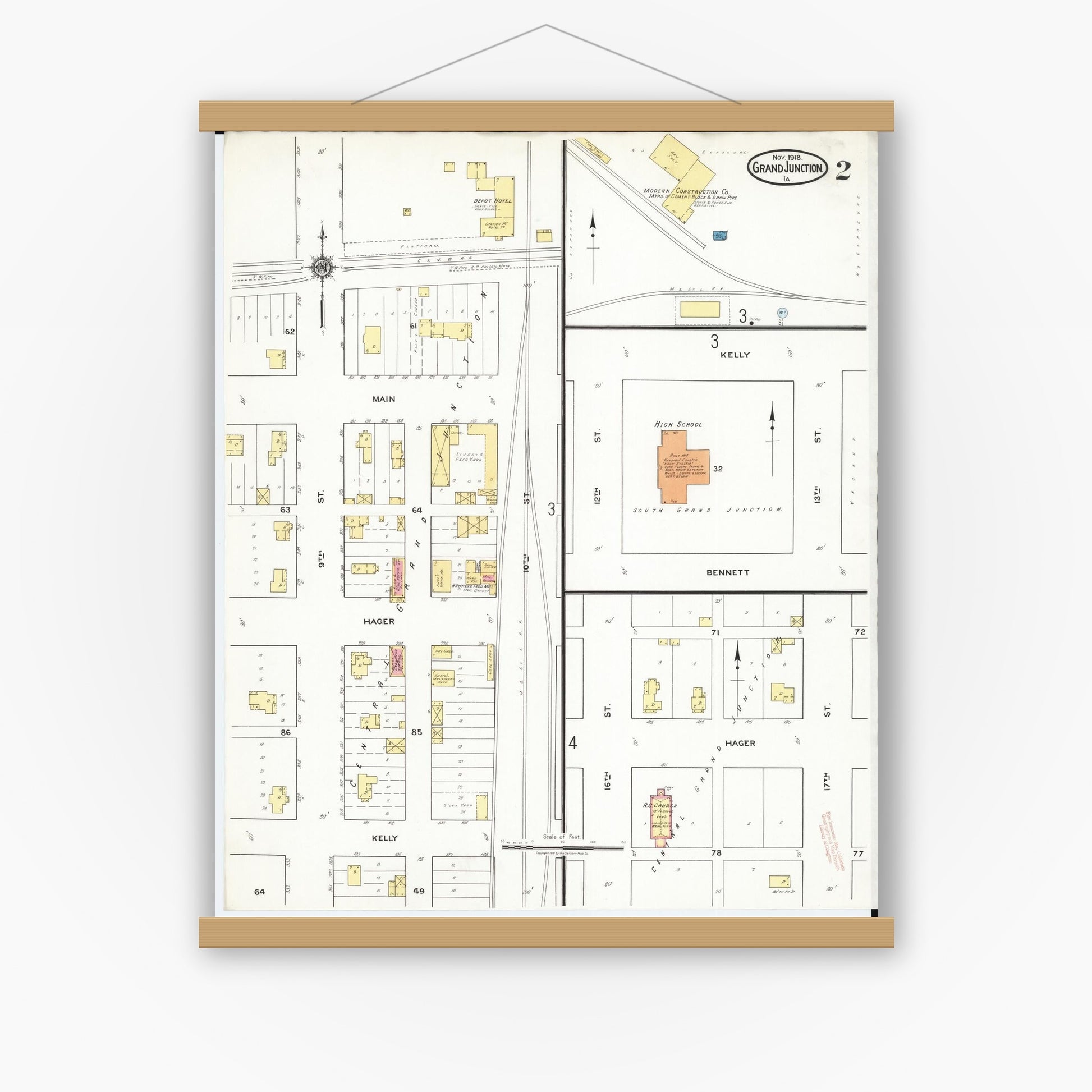 Old map wall art mockup — magnetic wood frame on white wall — Sanborn Fire Insurance Map from Grand Junction, Greene County, Iowa (1918), Sheet #0002