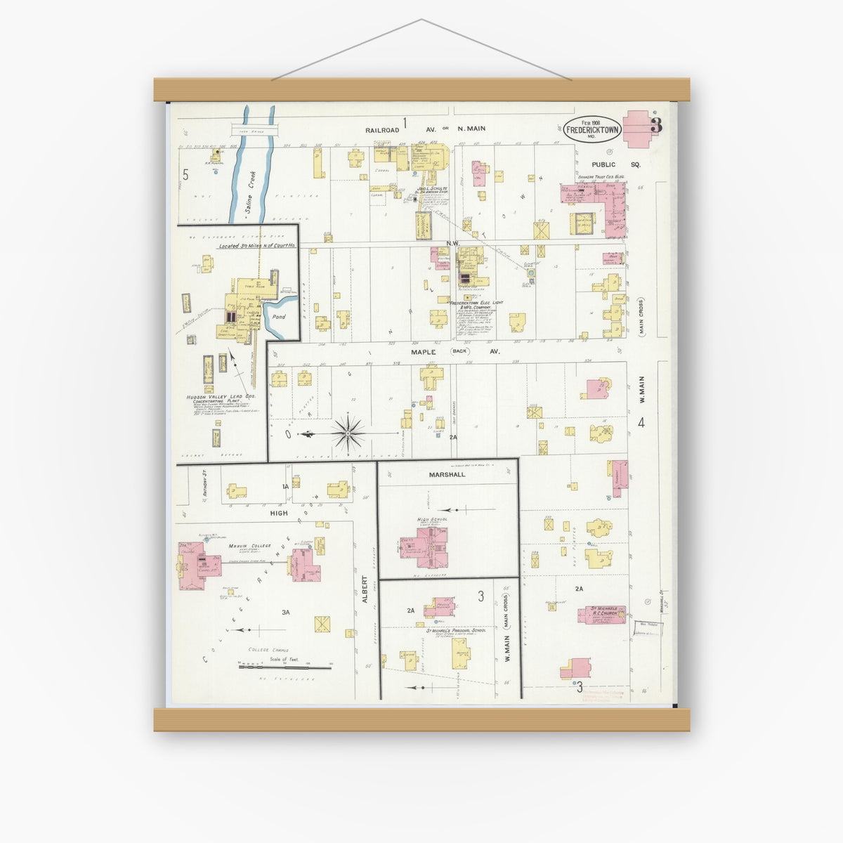 Old map wall art mockup — magnetic wood frame on white wall — Sanborn Fire Insurance Map from Fredericktown, Madison County, Missouri (1908), Sheet #0003