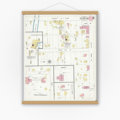 Old map wall art mockup — magnetic wood frame on white wall — Sanborn Fire Insurance Map from Fredericktown, Madison County, Missouri (1908), Sheet #0003