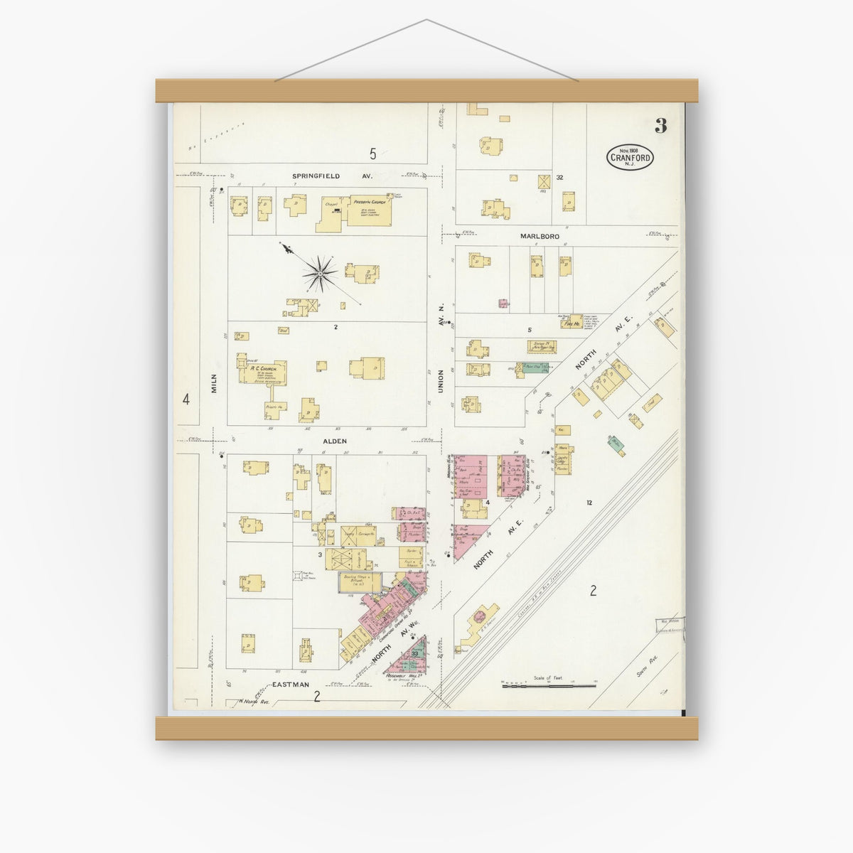 Old map wall art mockup — magnetic wood frame on white wall — Sanborn Fire Insurance Map from Cranford, Union County, New Jersey (1908), Sheet #0003