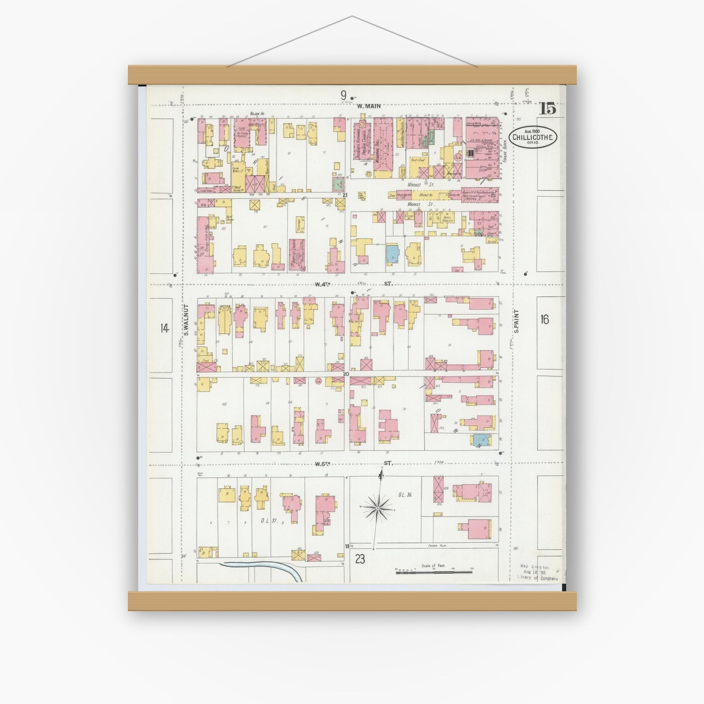 Old map wall art mockup — magnetic wood frame on white wall — Sanborn Fire Insurance Map from Chillicothe, Ross County, Ohio (1900), Sheet #0015