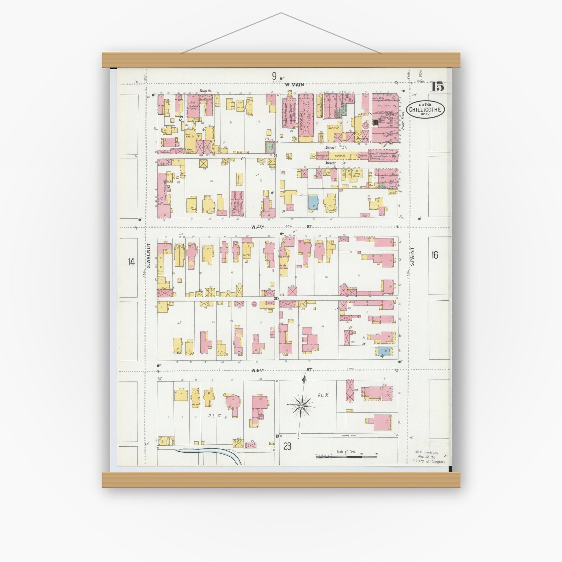 Old map wall art mockup — magnetic wood frame on white wall — Sanborn Fire Insurance Map from Chillicothe, Ross County, Ohio (1900), Sheet #0015