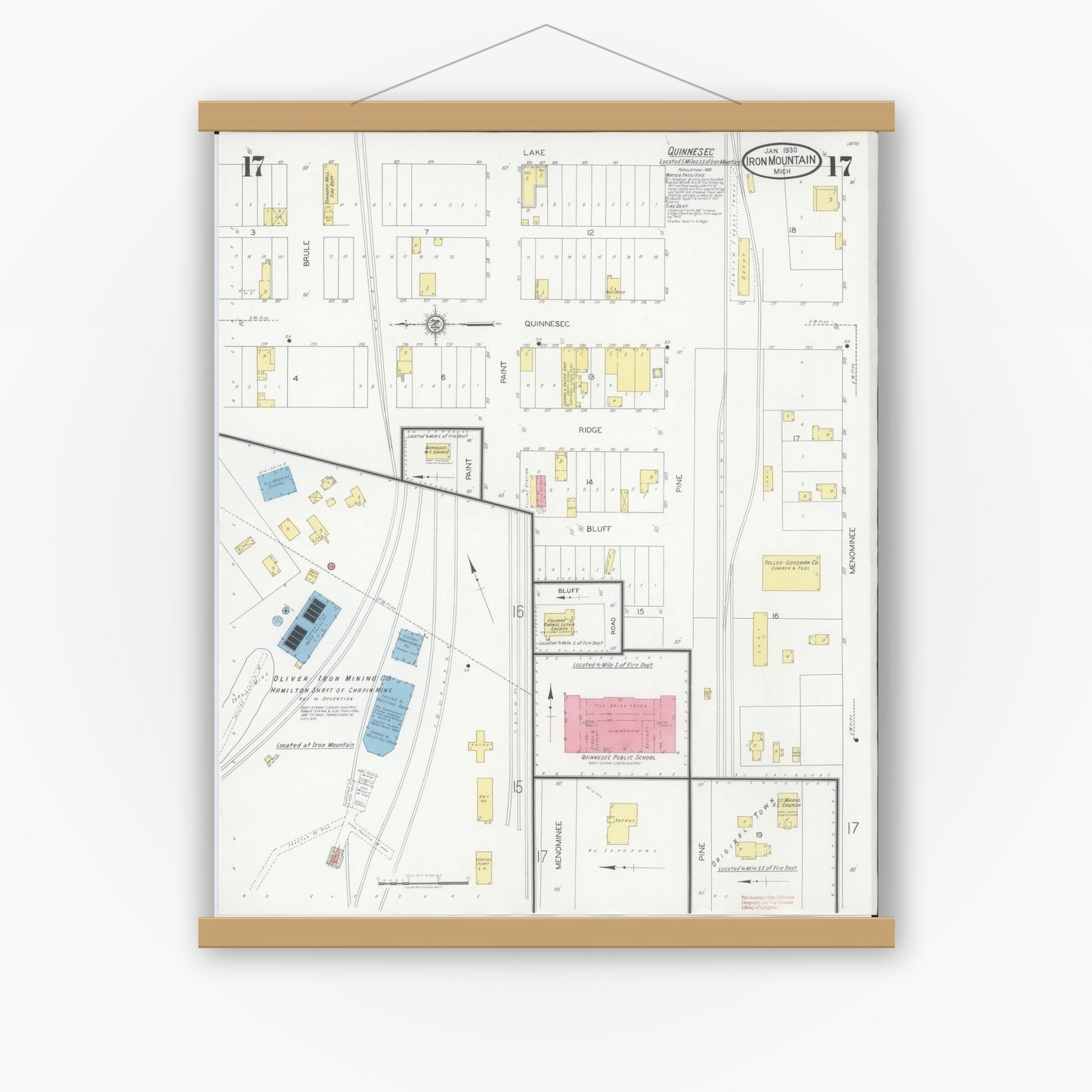 Old map wall art mockup — magnetic wood frame on white wall — Sanborn Fire Insurance Map from Iron Mountain, Dickinson County, Michigan (1930), Sheet #0017