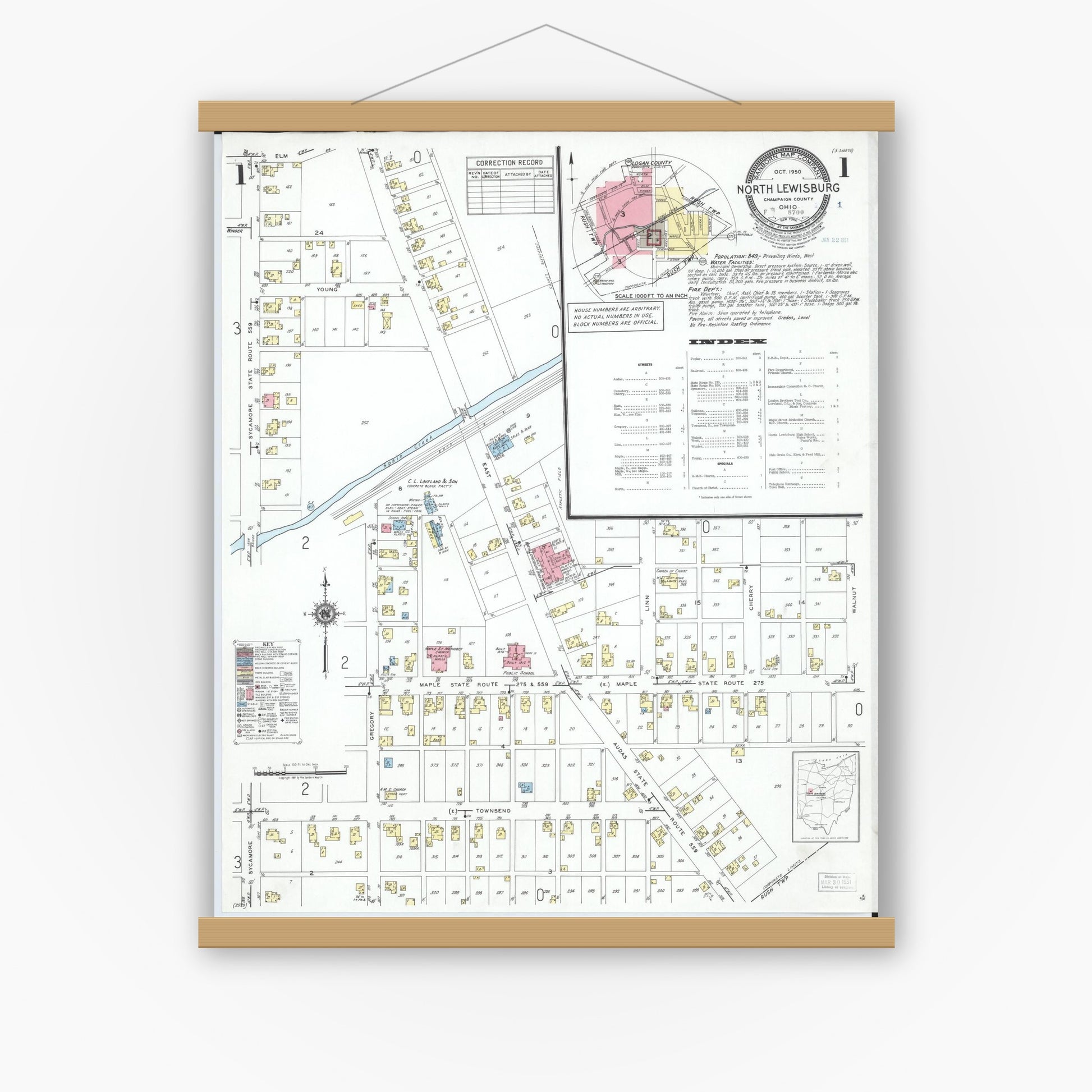Old map wall art mockup — magnetic wood frame on white wall — Sanborn Fire Insurance Map from North Lewisburg, Champaign County, Ohio (1950) - Complete Map Set