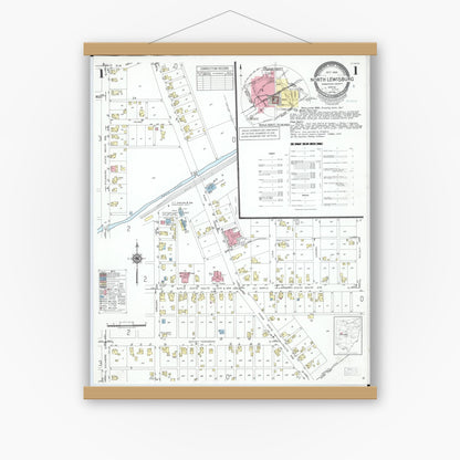 Old map wall art mockup — magnetic wood frame on white wall — Sanborn Fire Insurance Map from North Lewisburg, Champaign County, Ohio (1950) - Complete Map Set