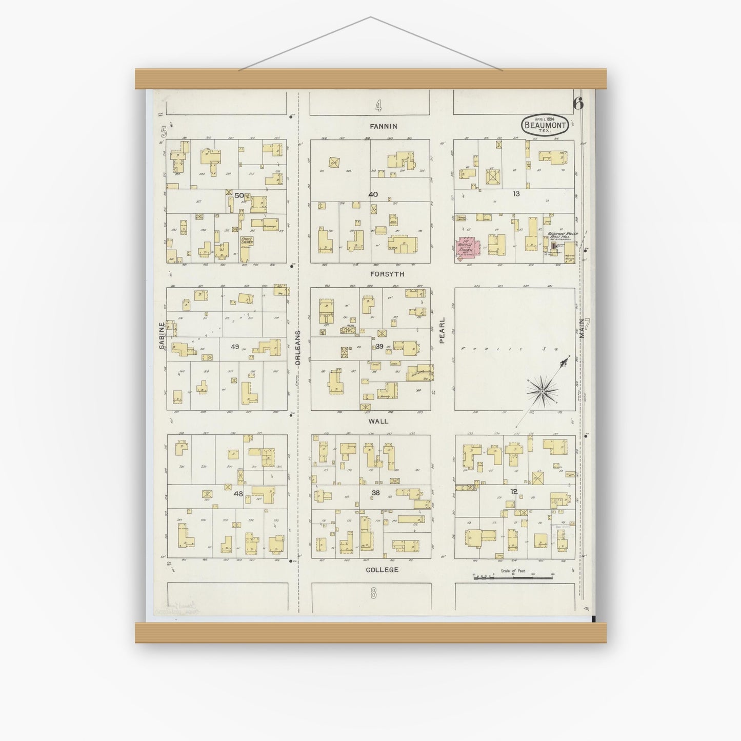 Old map wall art mockup — magnetic wood frame on white wall — Sanborn Fire Insurance Map from Beaumont, Jefferson County, Texas (1894), Sheet #0006