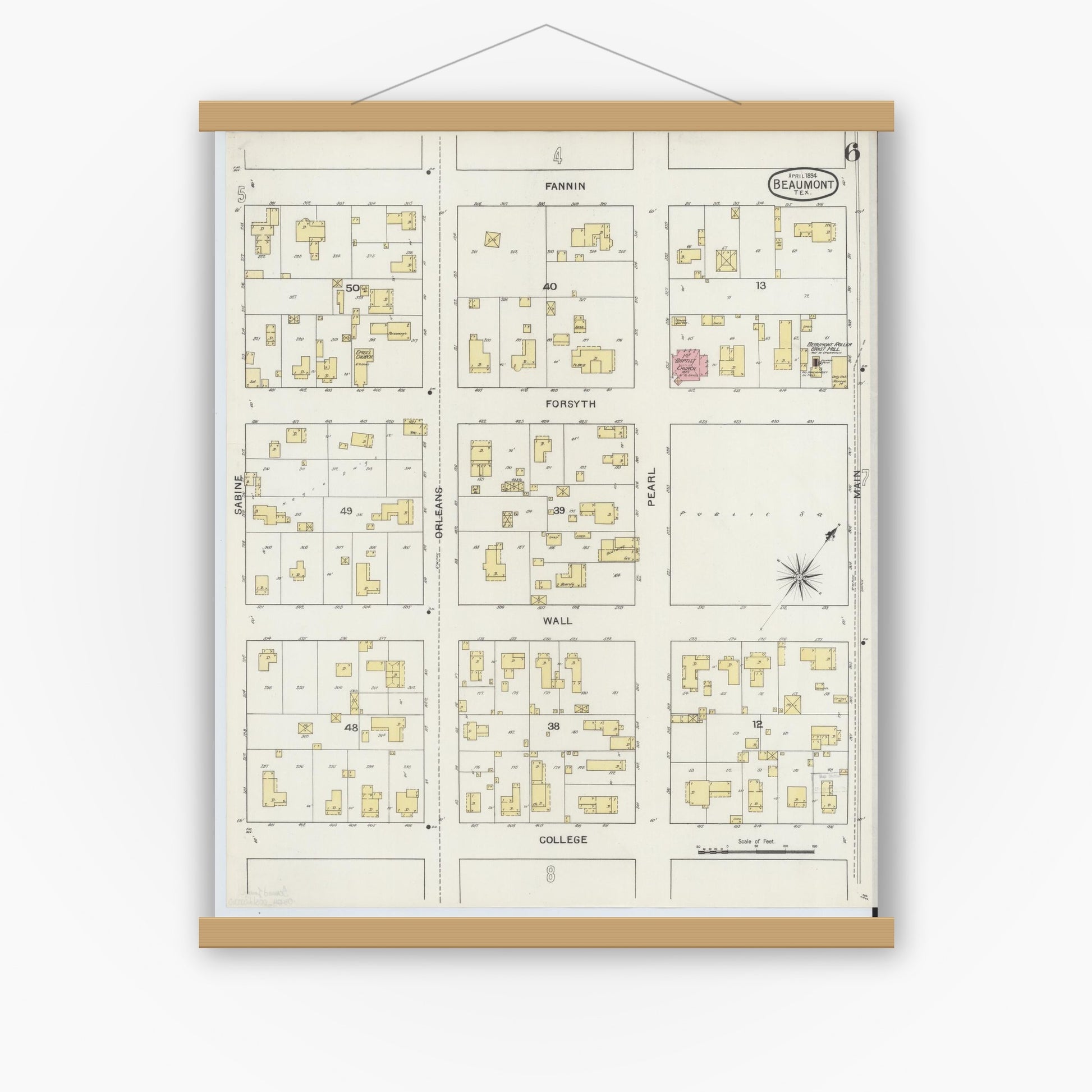 Old map wall art mockup — magnetic wood frame on white wall — Sanborn Fire Insurance Map from Beaumont, Jefferson County, Texas (1894), Sheet #0006