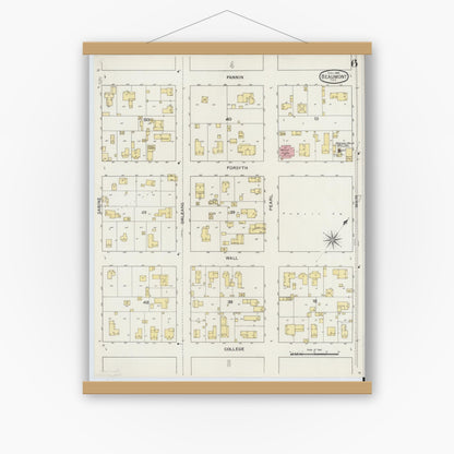 Old map wall art mockup — magnetic wood frame on white wall — Sanborn Fire Insurance Map from Beaumont, Jefferson County, Texas (1894), Sheet #0006