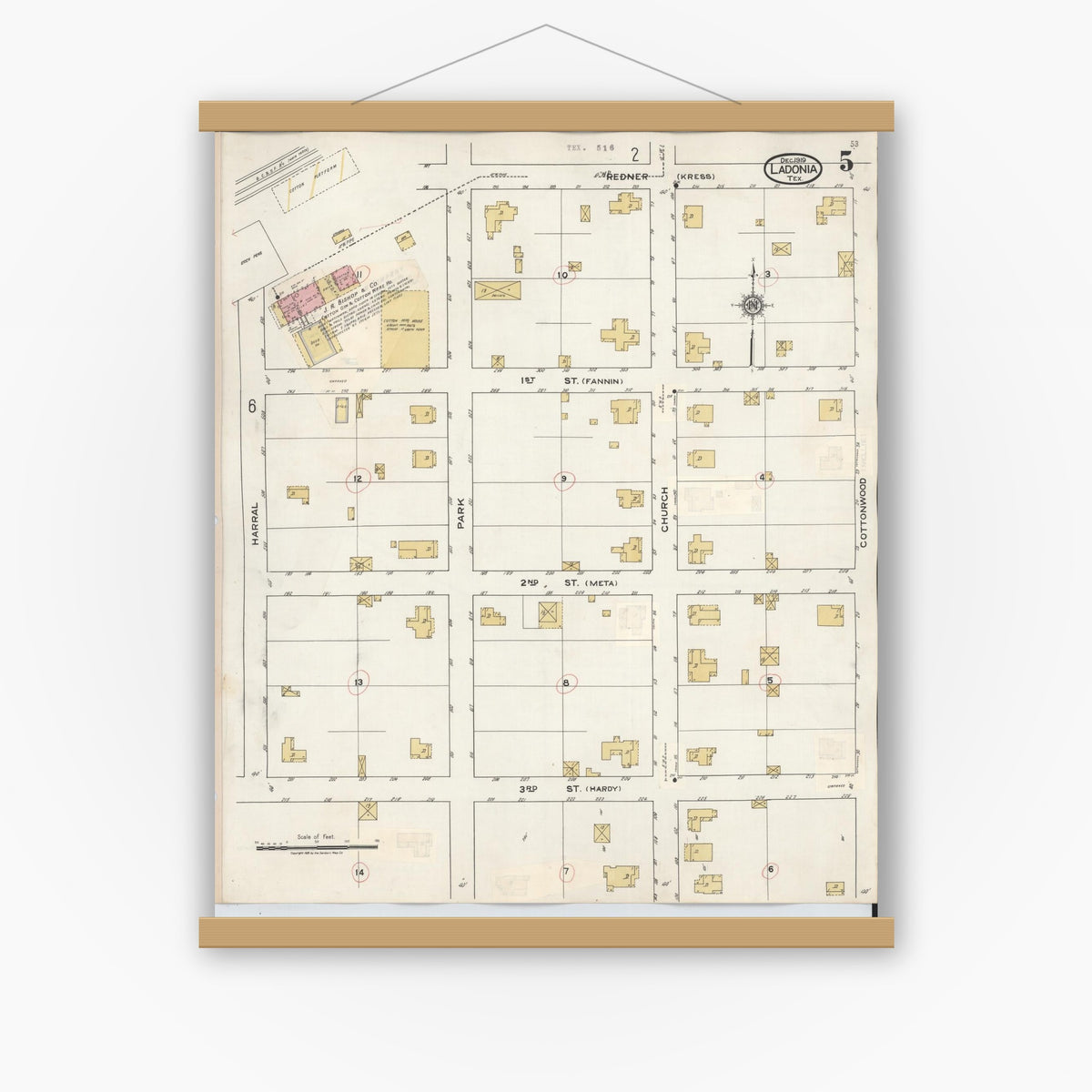 Old map wall art mockup — magnetic wood frame on white wall — Sanborn Fire Insurance Map from Ladonia, Fannin County, Texas (1934), Sheet #0005