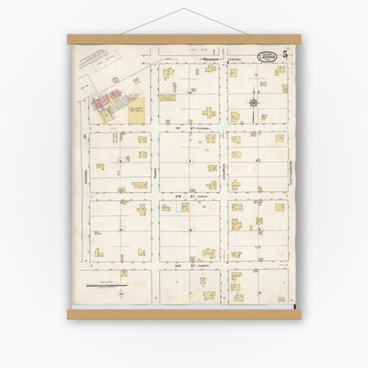 Old map wall art mockup — magnetic wood frame on white wall — Sanborn Fire Insurance Map from Ladonia, Fannin County, Texas (1934), Sheet #0005