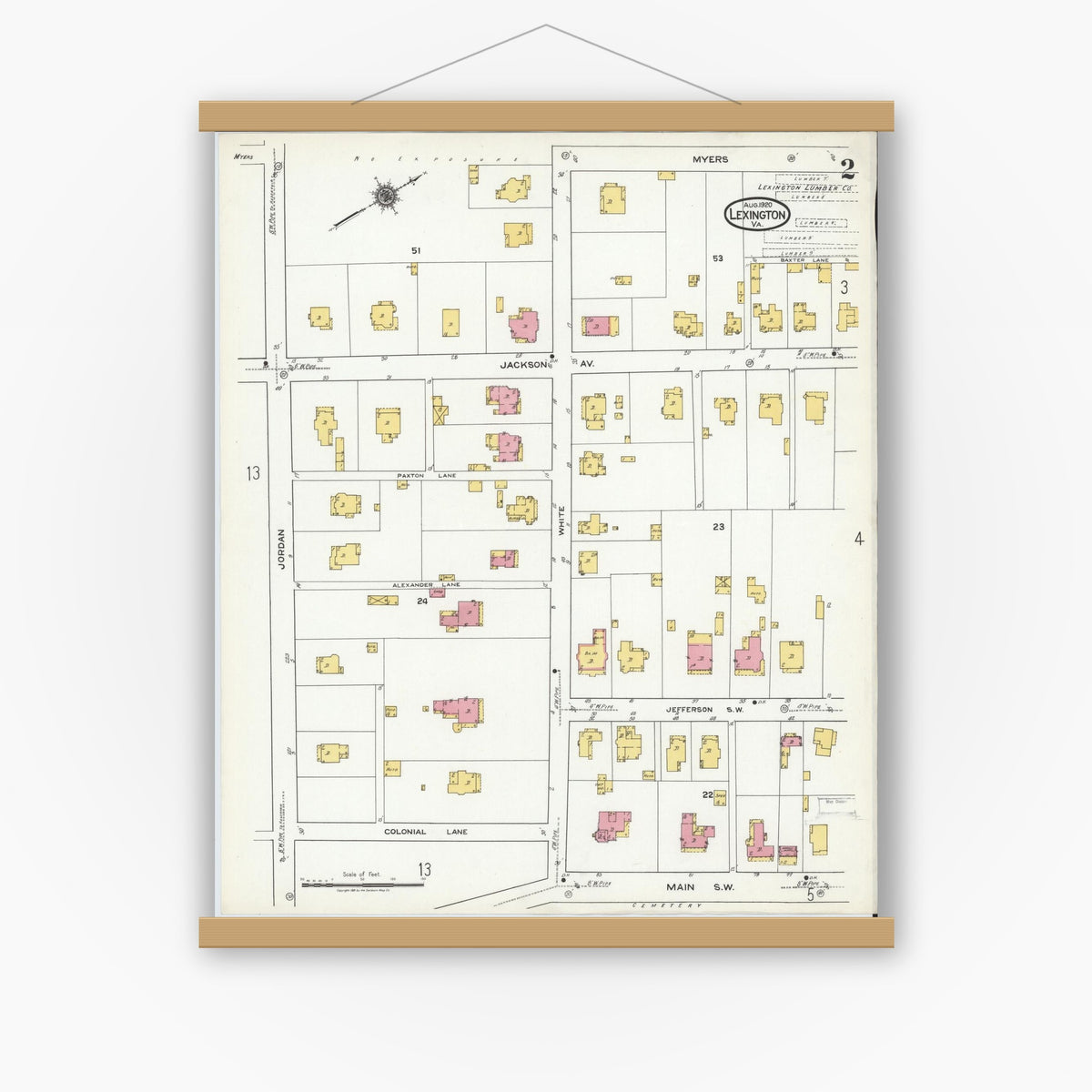 Old map wall art mockup — magnetic wood frame on white wall — Sanborn Fire Insurance Map from Lexington, Independent Cities, Virginia (1920), Sheet #0002