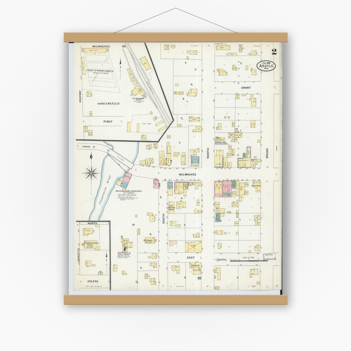 Old map wall art mockup — magnetic wood frame on white wall — Sanborn Fire Insurance Map from Argyle, Lafayette County, Wisconsin (1908), Sheet #0002