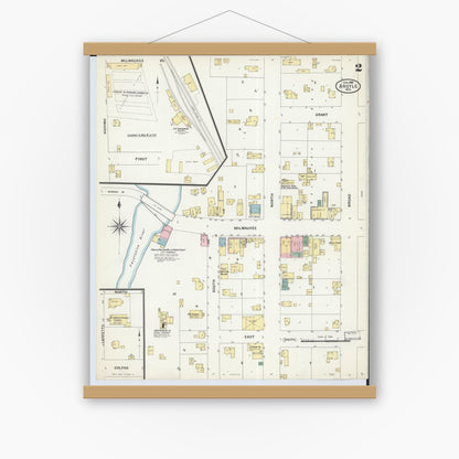 Old map wall art mockup — magnetic wood frame on white wall — Sanborn Fire Insurance Map from Argyle, Lafayette County, Wisconsin (1908), Sheet #0002