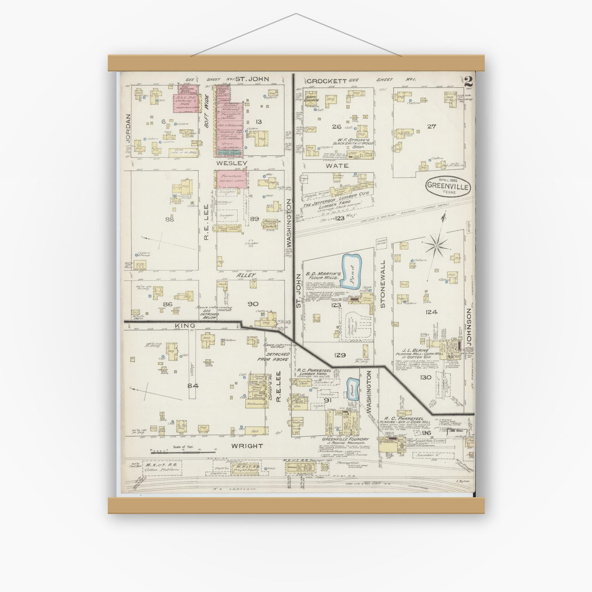Old map wall art mockup — magnetic wood frame on white wall — Sanborn Fire Insurance Map from Greenville, Hunt County, Texas (1885), Sheet #0002