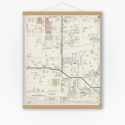 Old map wall art mockup — magnetic wood frame on white wall — Sanborn Fire Insurance Map from Greenville, Hunt County, Texas (1885), Sheet #0002