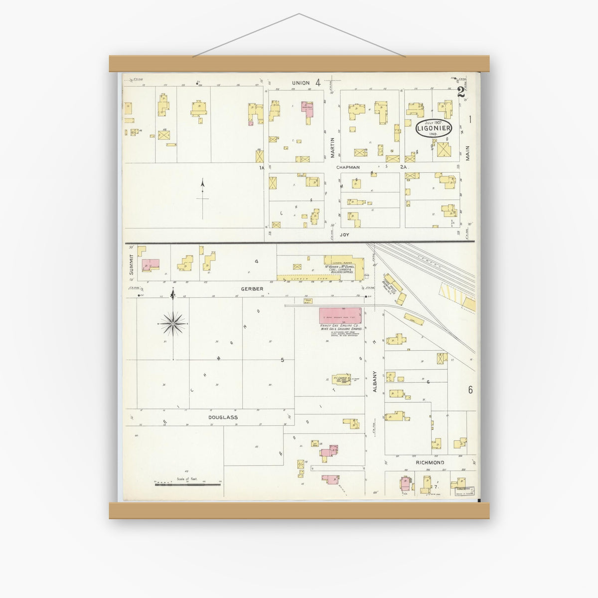 Old map wall art mockup — magnetic wood frame on white wall — Sanborn Fire Insurance Map from Ligonier, Noble County, Indiana (1907), Sheet #0002