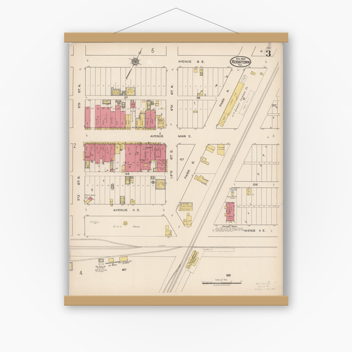 Old map wall art mockup — magnetic wood frame on white wall — Sanborn Fire Insurance Map from Robstown, Nueces County, Texas (1922), Sheet #0003