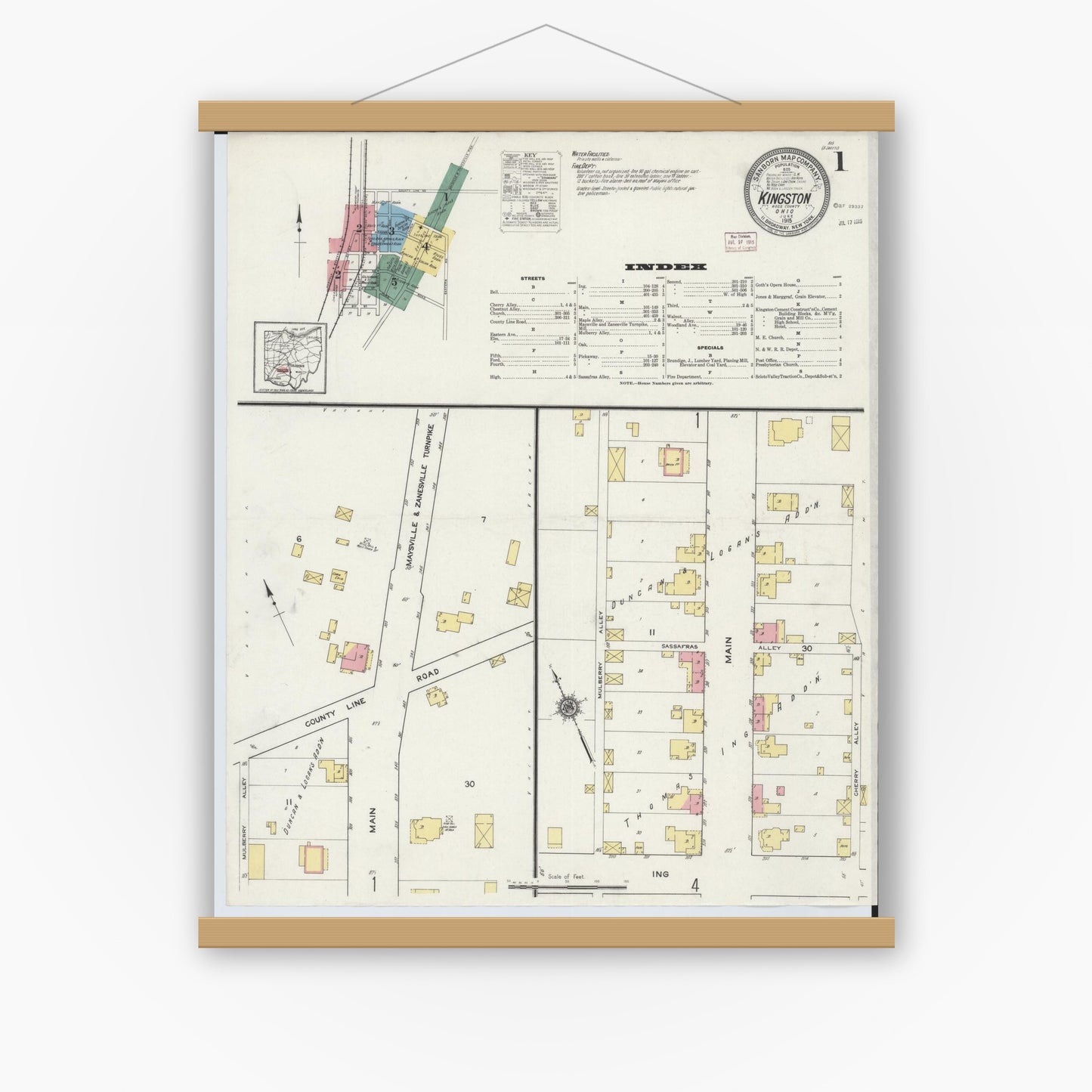 Old map wall art mockup — magnetic wood frame on white wall — Sanborn Fire Insurance Map from Kingston, Ross County, Ohio (1915), Sheet #0001