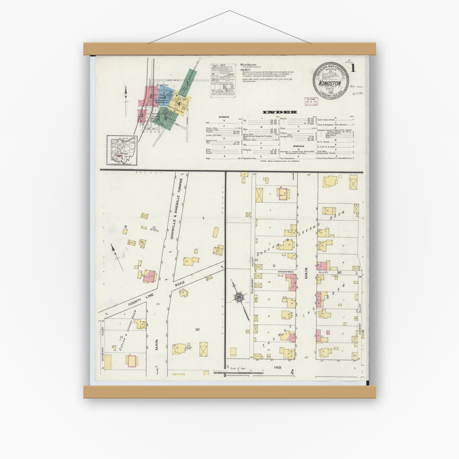 Old map wall art mockup — magnetic wood frame on white wall — Sanborn Fire Insurance Map from Kingston, Ross County, Ohio (1915), Sheet #0001