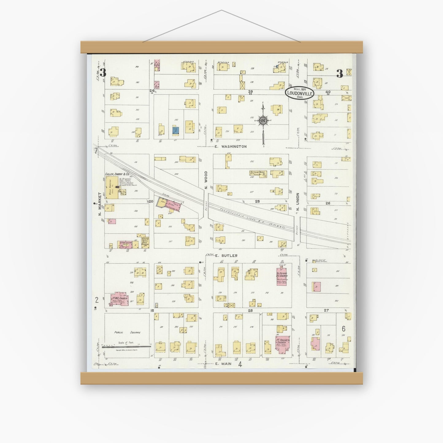 Old map wall art mockup — magnetic wood frame on white wall — Sanborn Fire Insurance Map from Loudonville, Ashland County, Ohio (1924), Sheet #0003