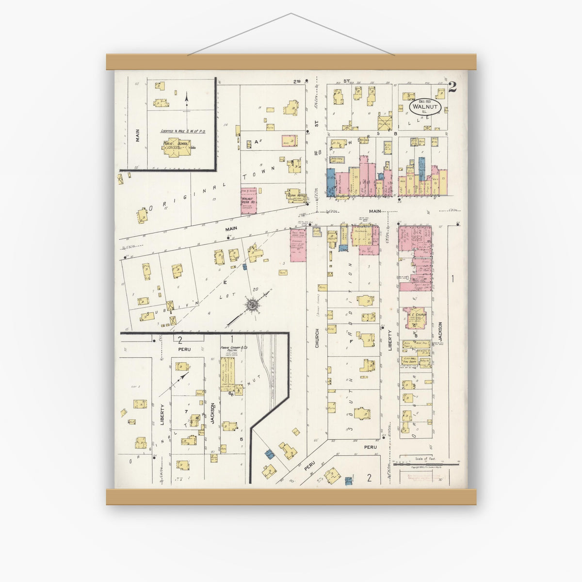 Old map wall art mockup — magnetic wood frame on white wall — Sanborn Fire Insurance Map from Walnut, Bureau County, Illinois (1921), Sheet #0002