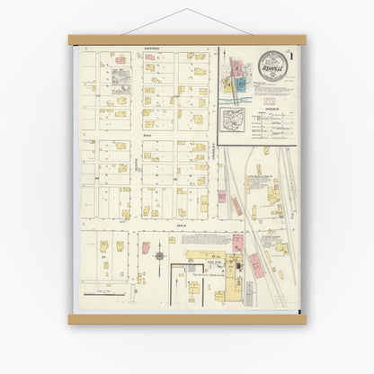 Old map wall art mockup — magnetic wood frame on white wall — Sanborn Fire Insurance Map from Ashville, Pickaway County, Ohio (1916) - Complete Map Set