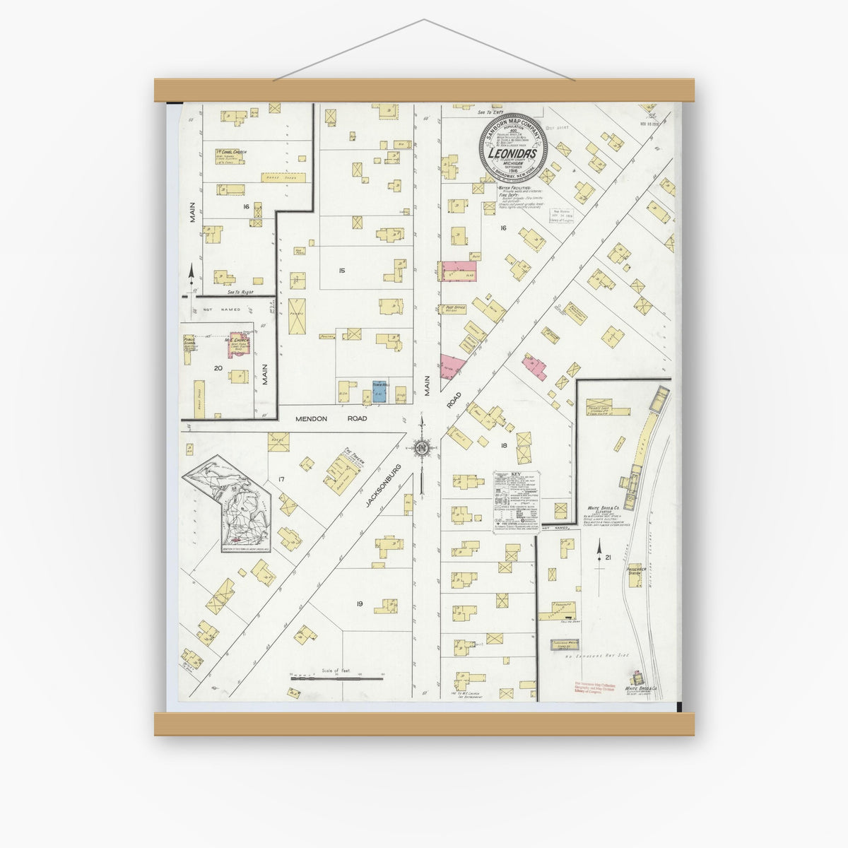Old map wall art mockup — magnetic wood frame on white wall — Sanborn Fire Insurance Map from Leonidas, Saint Joseph County, Michigan (1916), Sheet #0001