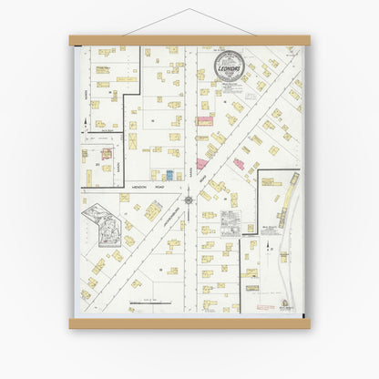 Old map wall art mockup — magnetic wood frame on white wall — Sanborn Fire Insurance Map from Leonidas, Saint Joseph County, Michigan (1916), Sheet #0001