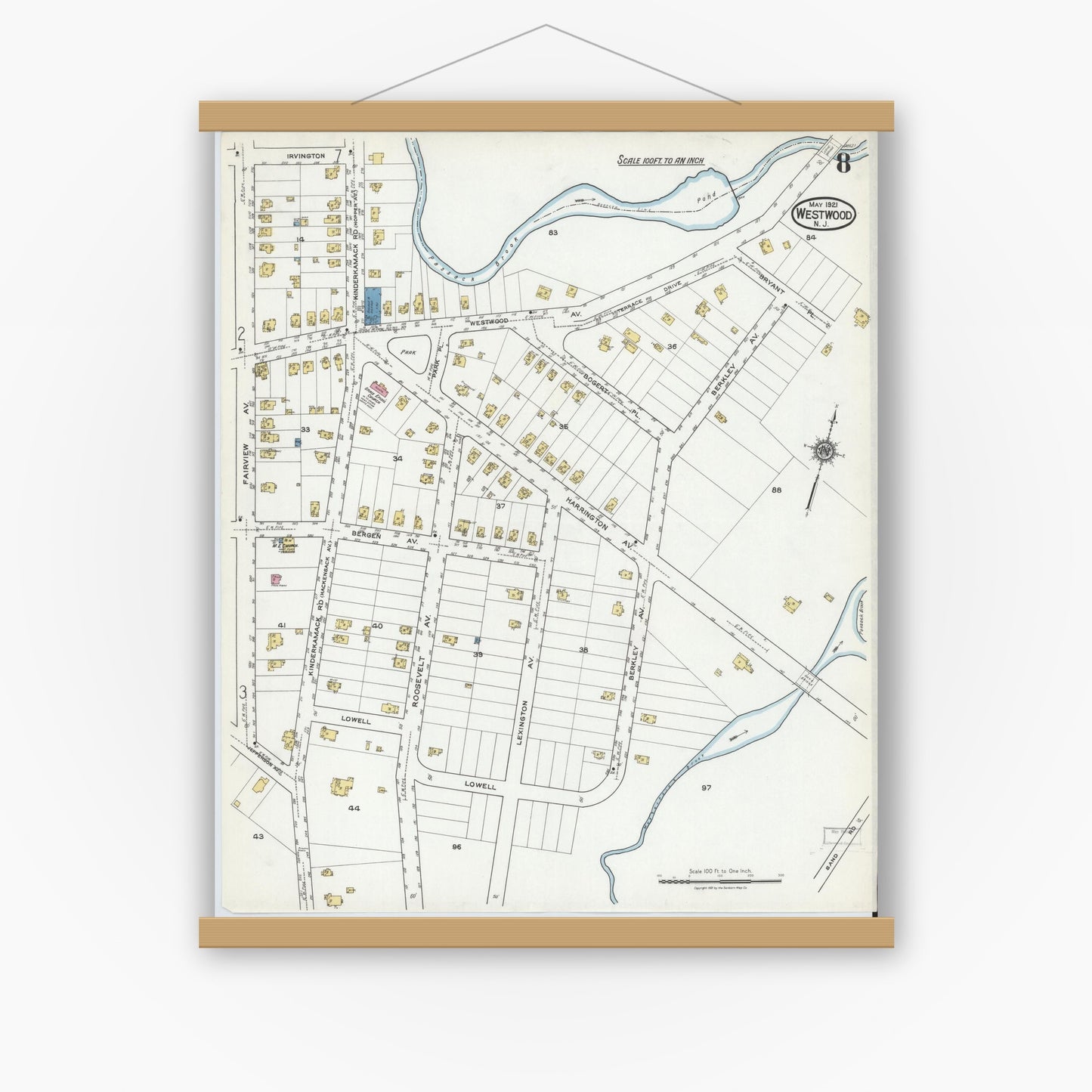 Old map wall art mockup — magnetic wood frame on white wall — Sanborn Fire Insurance Map from Westwood, Bergen County, New Jersey (1921), Sheet #0008