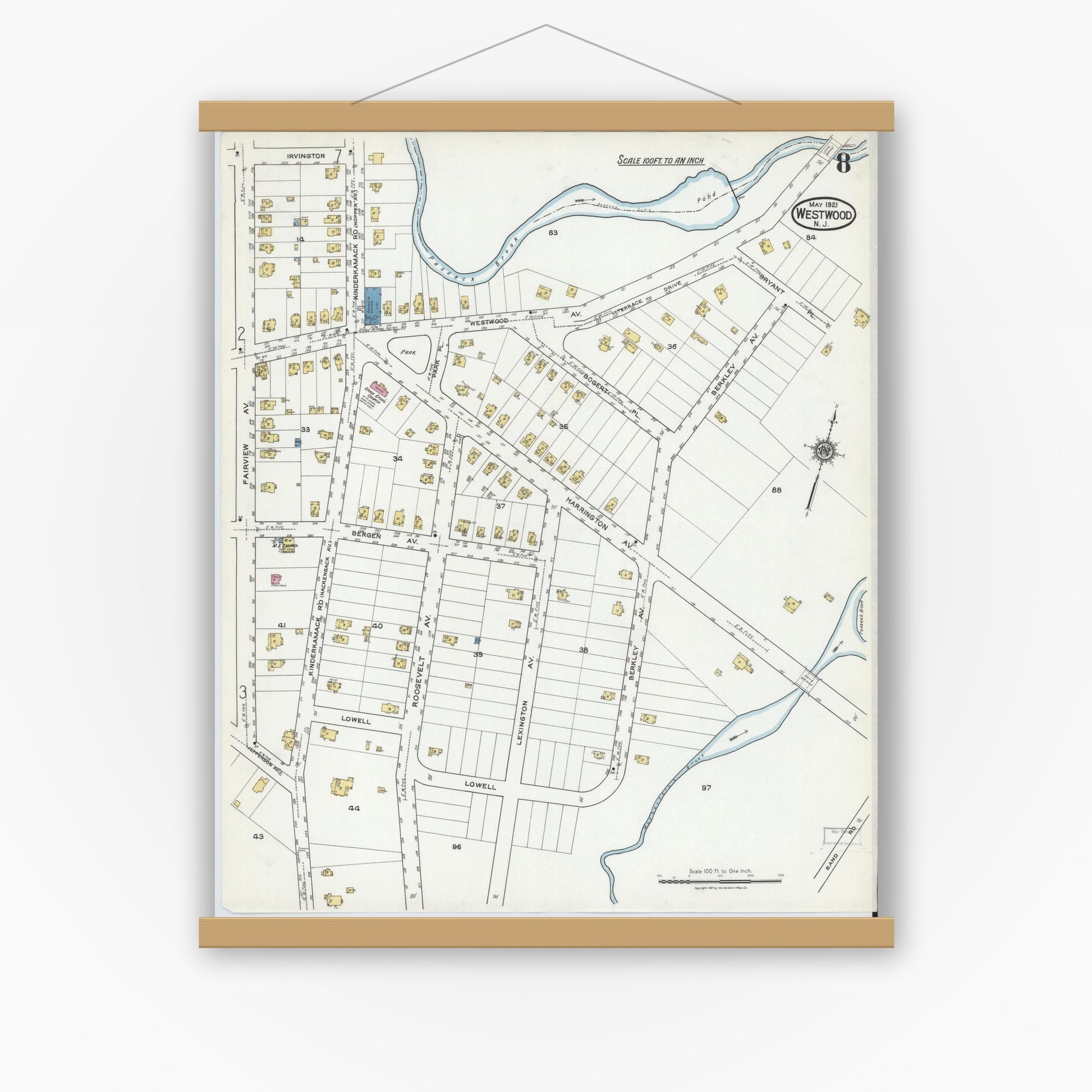 Old map wall art mockup — magnetic wood frame on white wall — Sanborn Fire Insurance Map from Westwood, Bergen County, New Jersey (1921), Sheet #0008