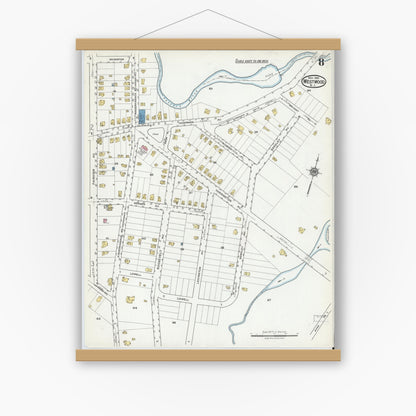 Old map wall art mockup — magnetic wood frame on white wall — Sanborn Fire Insurance Map from Westwood, Bergen County, New Jersey (1921), Sheet #0008