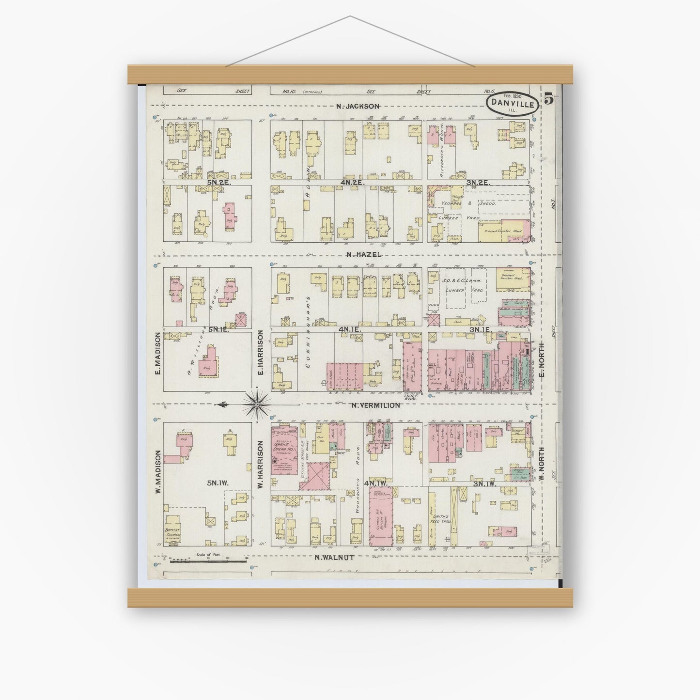 Old map wall art mockup — magnetic wood frame on white wall — Sanborn Fire Insurance Map from Danville, Vermilion County, Illinois (1890), Sheet #0005