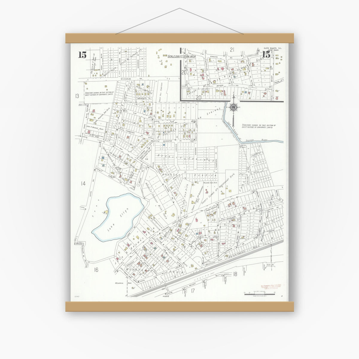 Old map wall art mockup — magnetic wood frame on white wall — Sanborn Fire Insurance Map from Glen Ellyn, Du Page County, Illinois (1940), Sheet #0015