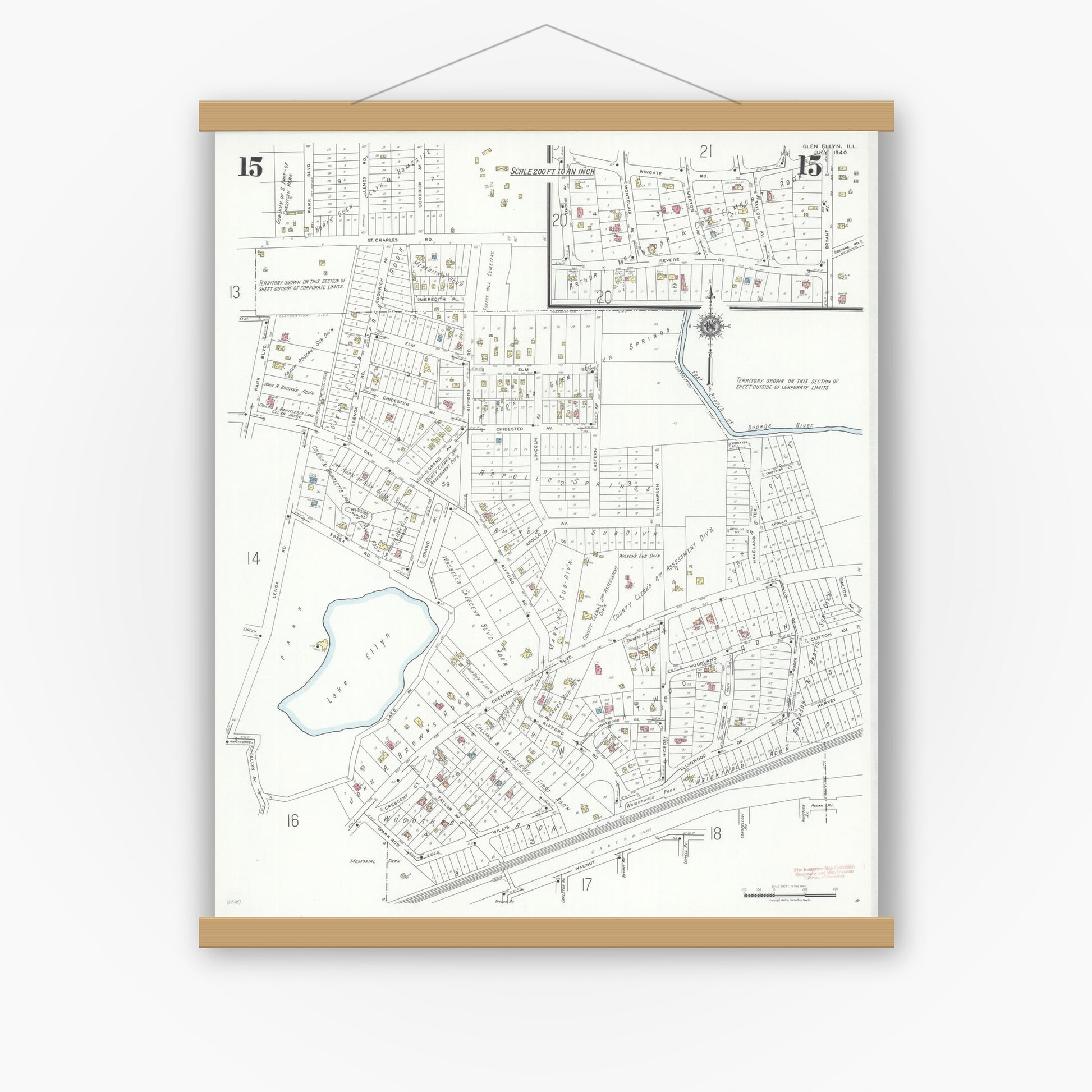Old map wall art mockup — magnetic wood frame on white wall — Sanborn Fire Insurance Map from Glen Ellyn, Du Page County, Illinois (1940), Sheet #0015