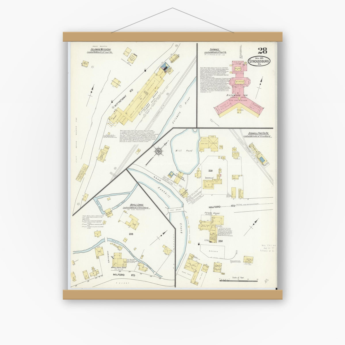 Old map wall art mockup — magnetic wood frame on white wall — Sanborn Fire Insurance Map from Stroudsburg, Monroe County, Pennsylvania (1912), Sheet #0028