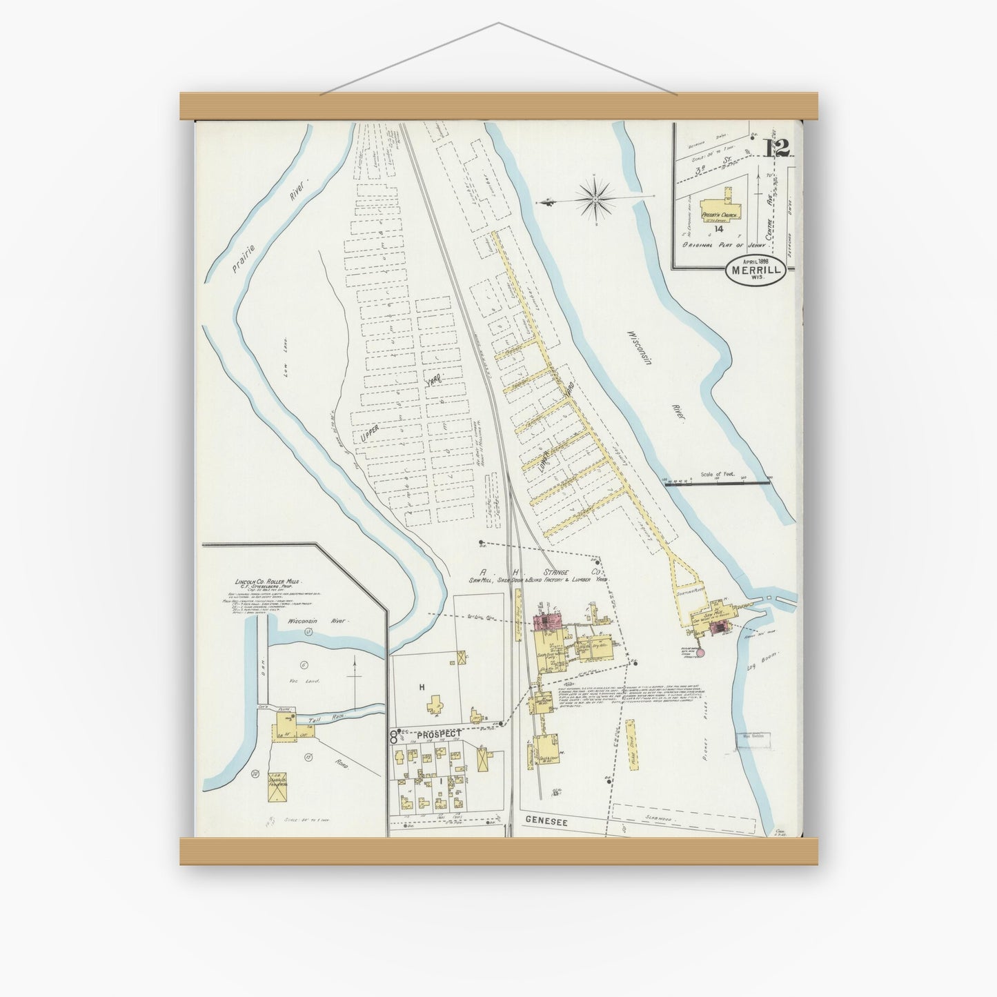 Old map wall art mockup — magnetic wood frame on white wall — Sanborn Fire Insurance Map from Merrill, Lincoln County, Wisconsin (1898), Sheet #0012