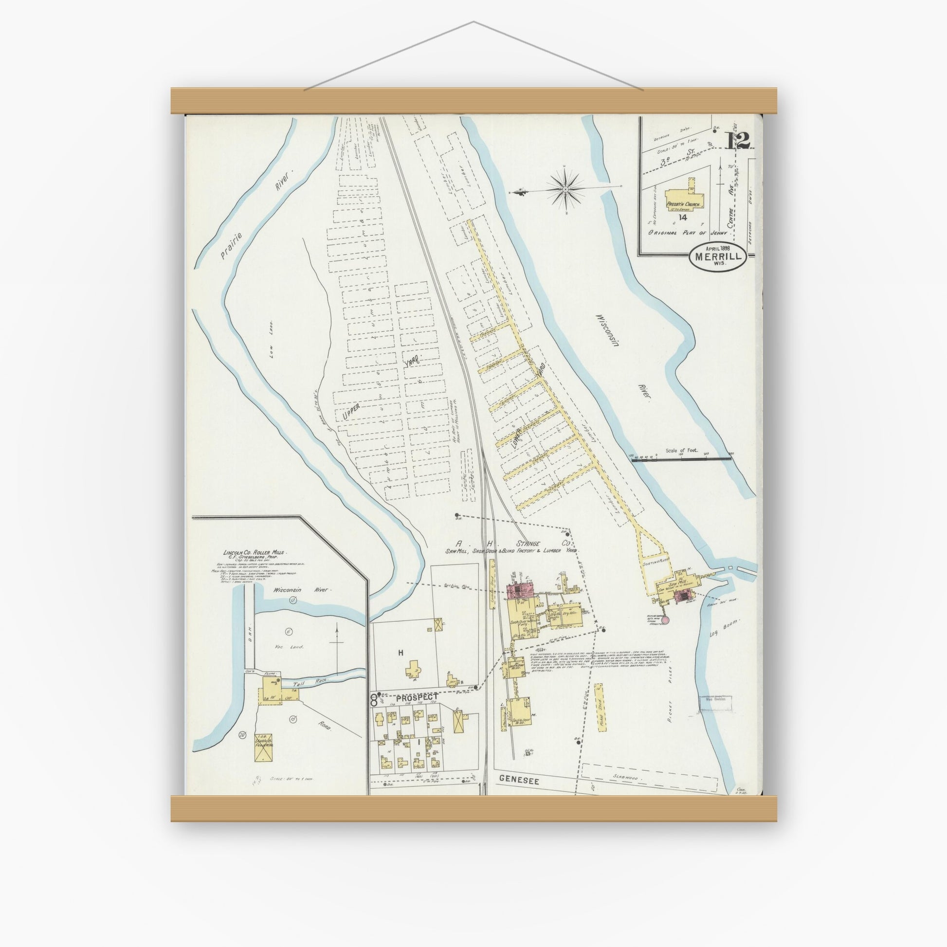 Old map wall art mockup — magnetic wood frame on white wall — Sanborn Fire Insurance Map from Merrill, Lincoln County, Wisconsin (1898), Sheet #0012