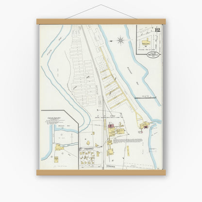 Old map wall art mockup — magnetic wood frame on white wall — Sanborn Fire Insurance Map from Merrill, Lincoln County, Wisconsin (1898), Sheet #0012