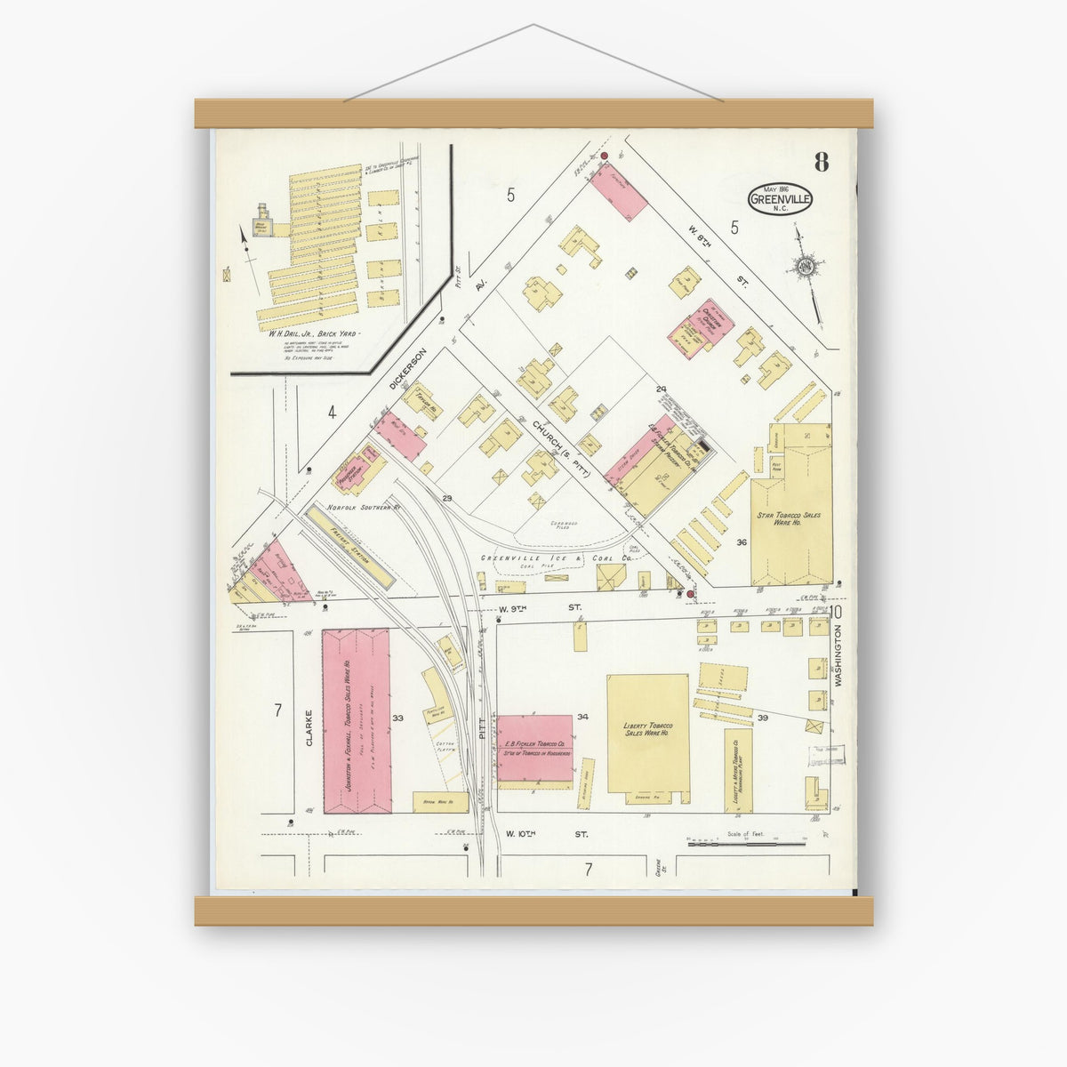 Old map wall art mockup — magnetic wood frame on white wall — Sanborn Fire Insurance Map from Greenville, Pitt County, North Carolina (1916), Sheet #0008